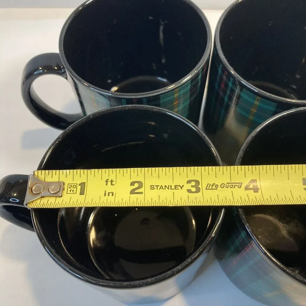 4 Pier 1 Mugs Tartan Plaid Green Black EUC Coffee Tea Mug Stoneware Japan 12oz